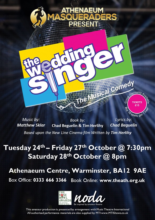 Athwarminster's tweet photo. 24th to 28th Oct 2023 
The Wedding Singer The Musical! 1985 and rock-star wannabe Robbie Hart is New Jersey’s most in-demand wedding singer as “love is what I do” and he’s the life of the party..but !! 
Online Tickets £15 
https://t.co/PunqcHeY5S
Tel Booking via 0333 666 3366 https://t.co/taTBTEL0Se