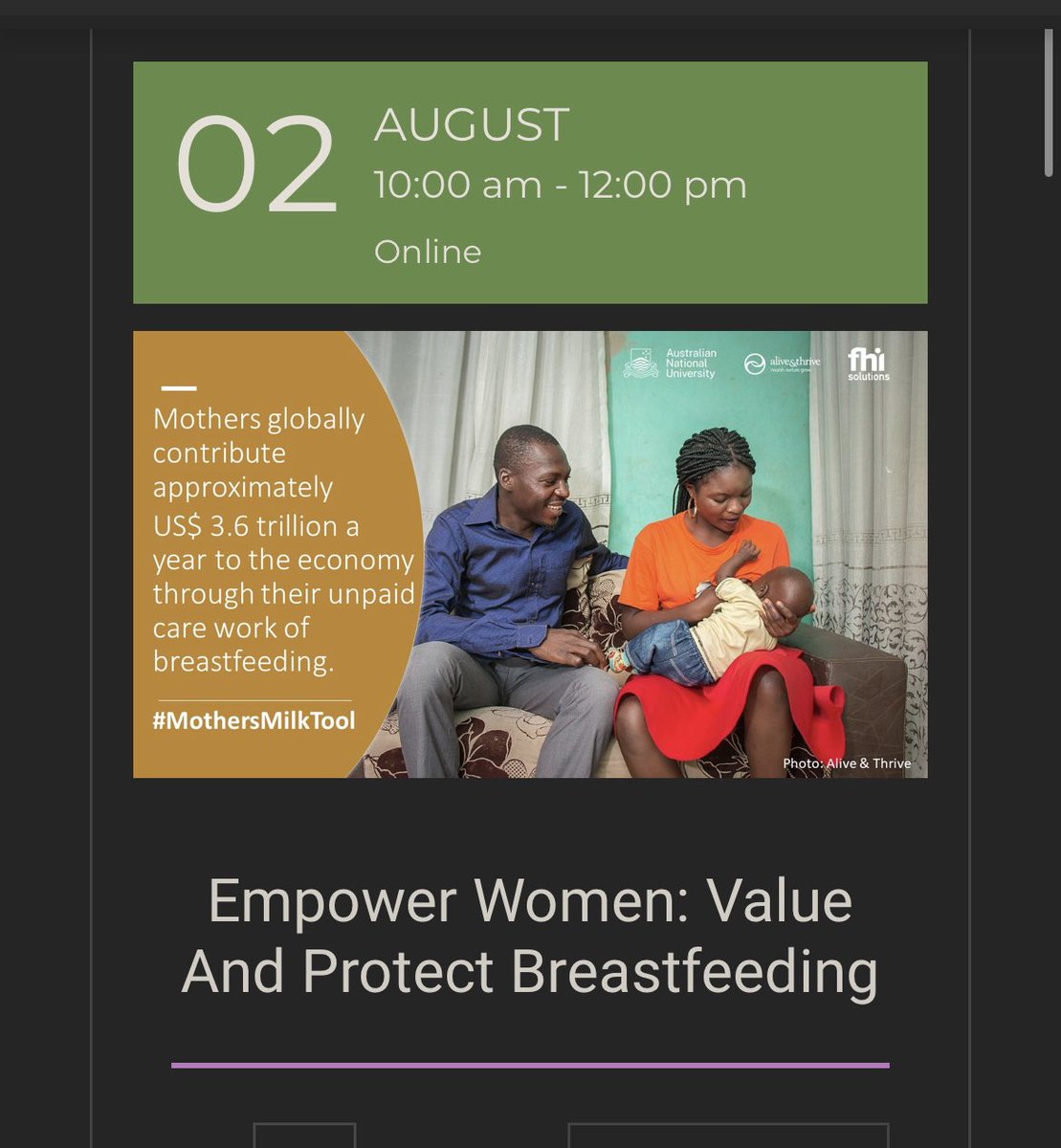 2 AUGUST 10:00 GMT+1 @BreastivalNI #WBW2023 #MothersMilkTool Empower women: Value and protect breastfeeding. Mothers globally contribute approximately US$ 3.6 trillion a year to the economy through their unpaid care work of breastfeeding. Every year, the world loses around 21.9…