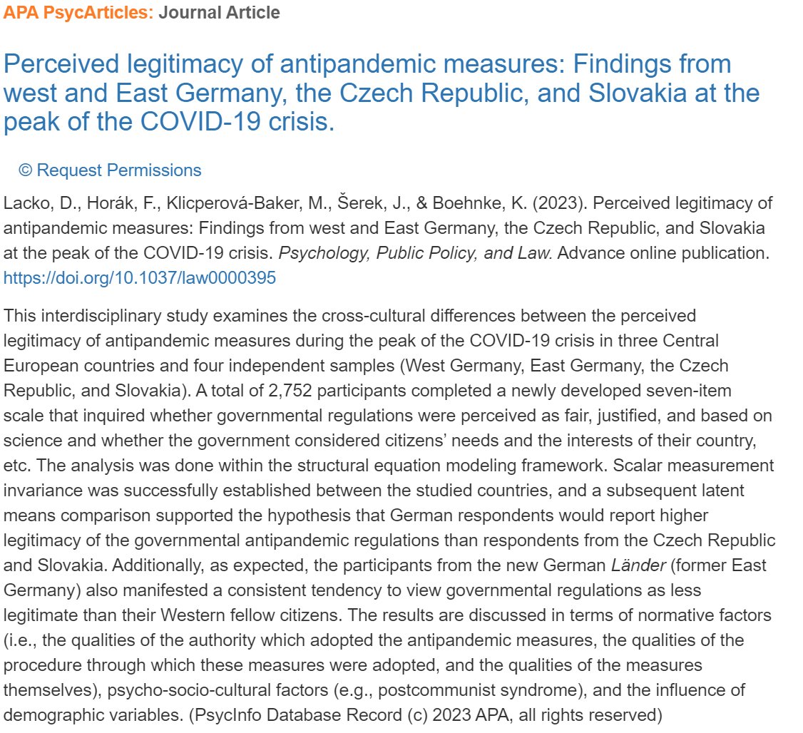 David_Lacko1's tweet photo. My article about the perceived #legitimacy of anti-#COVID measures in #postcommunist countries is now published in Psychology, Public Policy and Law (@APA_Journals). As expected, West Germany showed higher legitimacy than its eastern neighbors. https://t.co/0DVkXLMPf6 https://t.co/sHe3fUE680