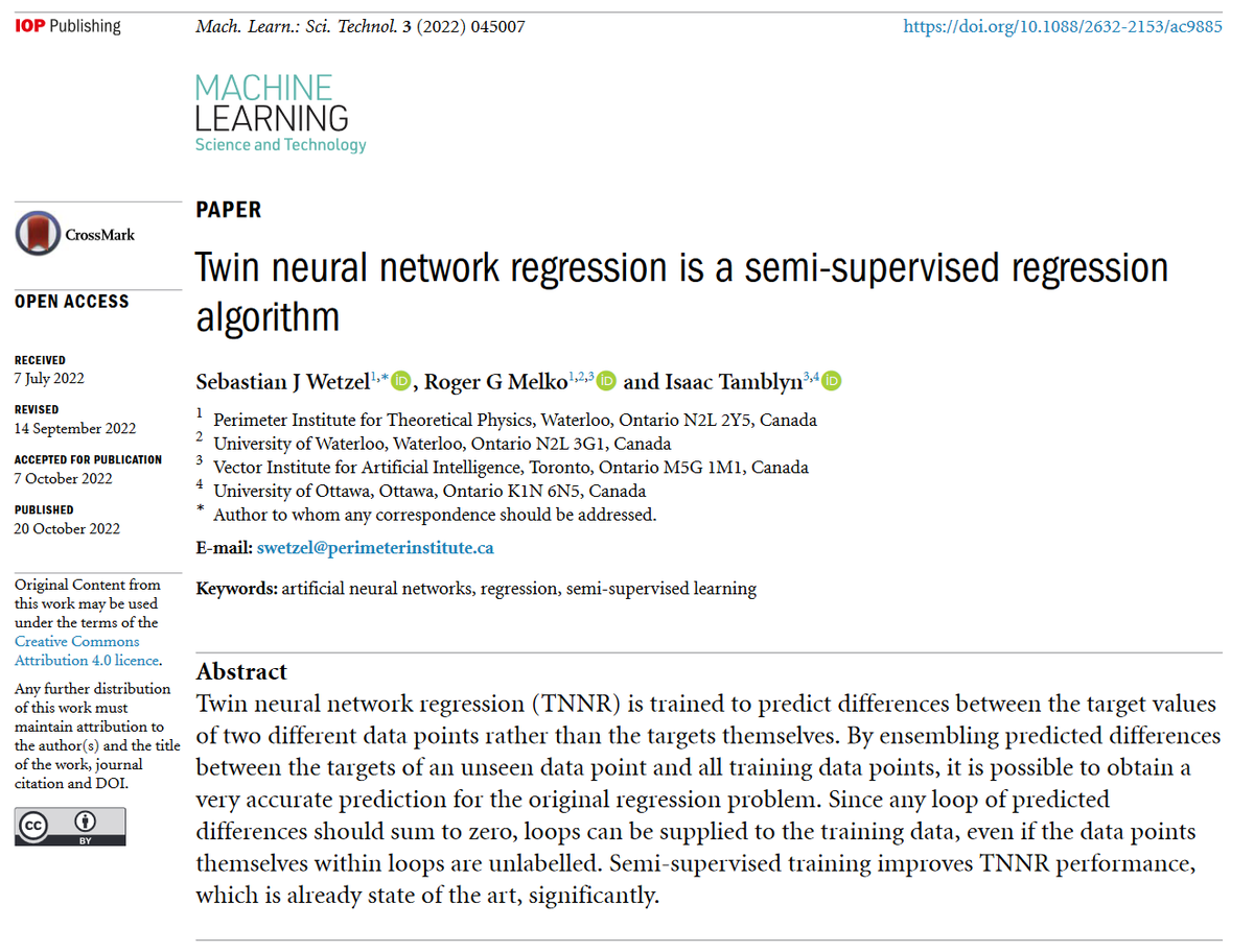 MLSTjournal's tweet photo. 'Twin #neuralnetwork regression is a semi-supervised regression #algorithm' by @S_J_Wetzel @rgmelko @itamblyn @QuantumIQC @Perimeter @VectorInst @uOttawaScience hits 1000 downloads! https://t.co/H0Y0dY2gKg #machinelearning #quantum #AI #neuralnetworks #condmat #datascience #code https://t.co/BSlW63g6pF