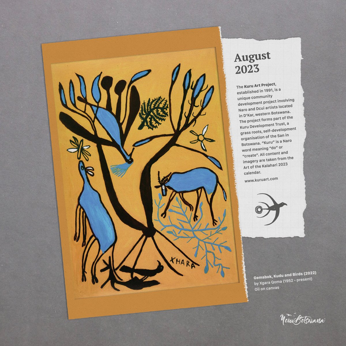 August celebration of Botswana arts and culture. Contemporary bushmen art from the Kuru Art Project in Botswana. Imagery taken from the Art of the Kalahari 2023 calendar.

#august #celebration #botswana #art #culture #contemporary #project #calendar #creative #africa