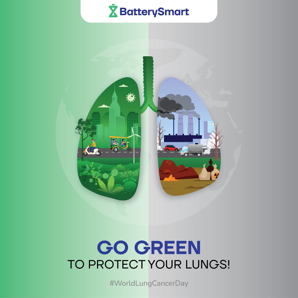 On World Lung Cancer Day, let's prioritize our well-being and the environment. Electric vehicles instead of fossil fuel-powered ones can help reduce air pollution and protect our lungs. 
 
 #WorldLungCancerDay #BatterySmart #Gurugram #CleanerAir #ChooseElectric