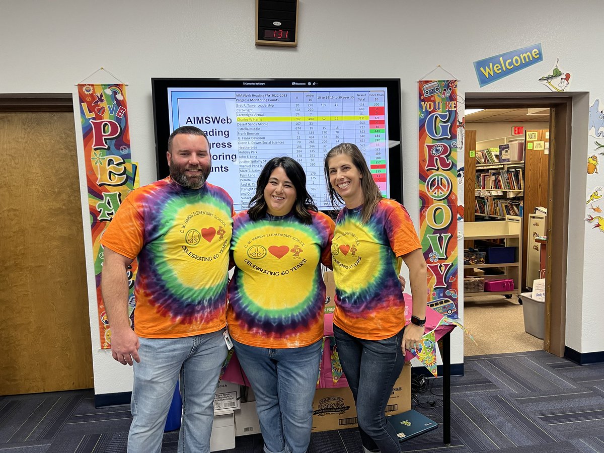 harriscsd83's tweet photo. Celebrating our 60th year with some 60’s Peace, Love and SOAR. Day 1 of digging into data . Check us out at the district conference Wednesday with our solid color shirts but when together we form a rainbow! https://t.co/FacuzT69NH