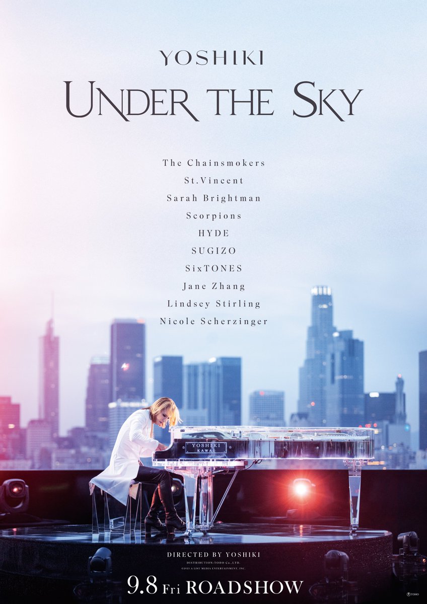 YoshikiOfficial's tweet photo. 自分が監督を務めた映画
『YOSHIKI：UNDER THE SKY』
全世界公開に先駆けて、
9月8日(金)から
日本全国一斉上映することになりました

参加してくれた素晴らしいアーティストの皆さんにも感謝しています。

劇場で会おう。

"YOSHIKI: UNDER THE SKY," Trailer

https://t.co/NSxGN3x3As

Finally 'YOSHIKI: UNDER THE SKY' will be released nationwide
starting in Japan on September 8th.

I'm grateful to all the amazing artists who participated in the making of this
film. I can't wait to see you at the theaters！

X
#YOSHIKI 

YOSHIKI UNDERTHESKY Official website

https://t.co/2yffcRMWzj

@yoshiki_uts @toho_movie 
@TheChainsmokers @st_vincent @SarahBrightman @scorpions @HydeOfficial_ @SUGIZOofficial
@JaneZhang @LindseyStirling @NicoleScherzy
@XJapanOfficial @LAST_ROCKSTARS 

#YoshikiUnderTheSky #YoshikiUTS #thechainsmokers #stvincent #sarahbrightman #scorpions #hyde #sugizo #sixtones #janezhang #lindseystirling #nicolescherzinger #xjapan #x #thelastrockstars #UNDERTHESKY