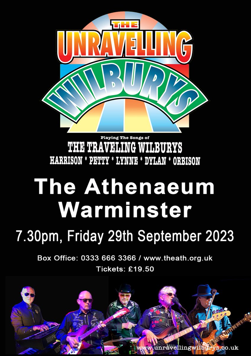 Athwarminster's tweet photo. 29 Sept 2023 - 7.30pm
The Unravelling Wilburys
Brilliant musicianship and tongue in cheek humour, they have had rave reviews throughout the UK, playing the country-rock songs of the 1980s supergroup ‘The Traveling Wilburys’
Tickets £19.50
https://t.co/oUPGDnyKlj https://t.co/SL0DIVpyzp