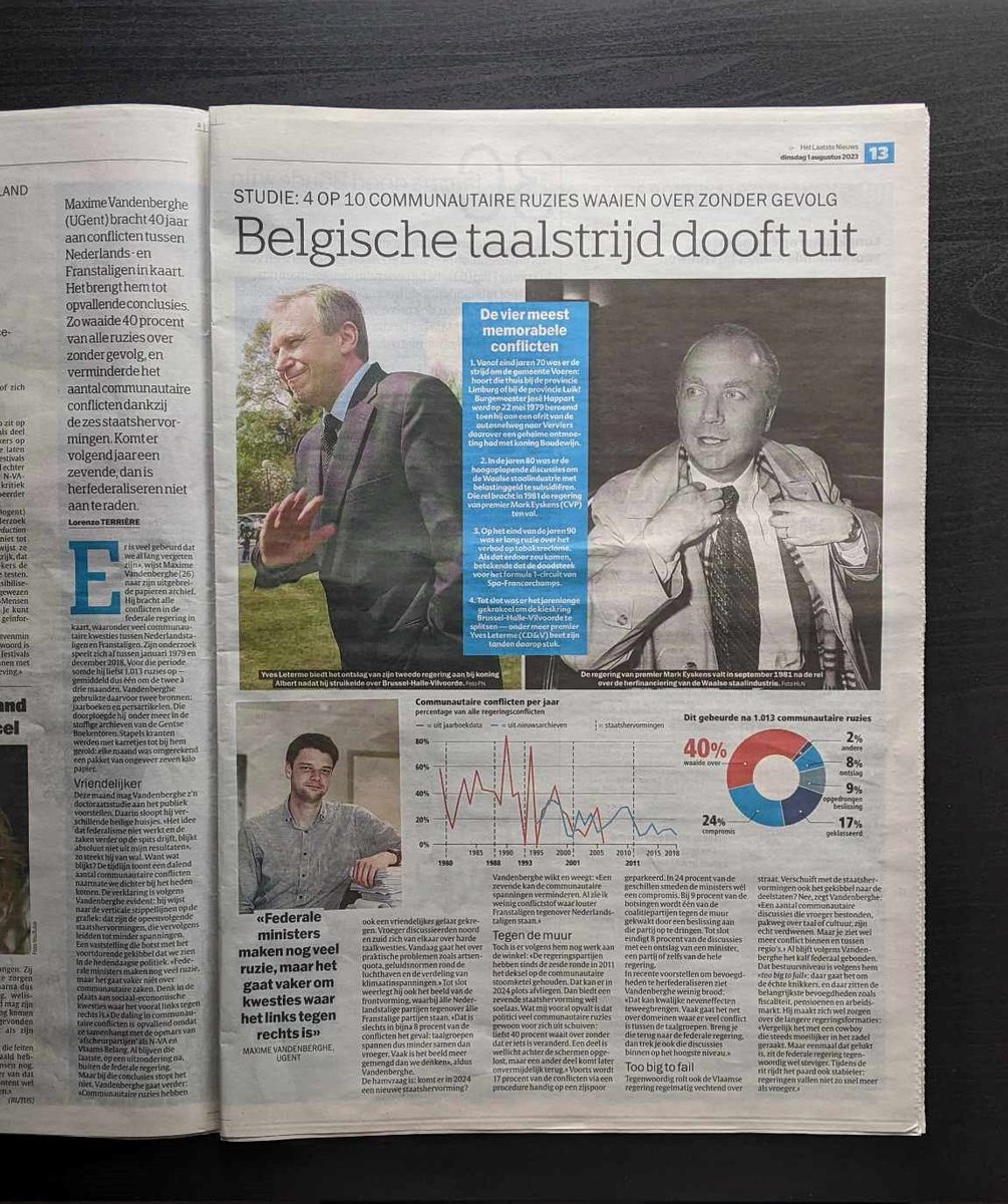 MaximeVdberghe's tweet photo. Duiding bij mijn onderzoek @HLN_BE @lorenzo_ter. Staatshervormingen brachten communautaire pacificatie, herfederaliseren kan soms contraproductief zijn en conflictresolutie blijft een groot pijnpunt. 
Meer info op de publieke verdediging (30 augustus om 17u, Het Pand, Gent) https://t.co/GEKksHAw7a