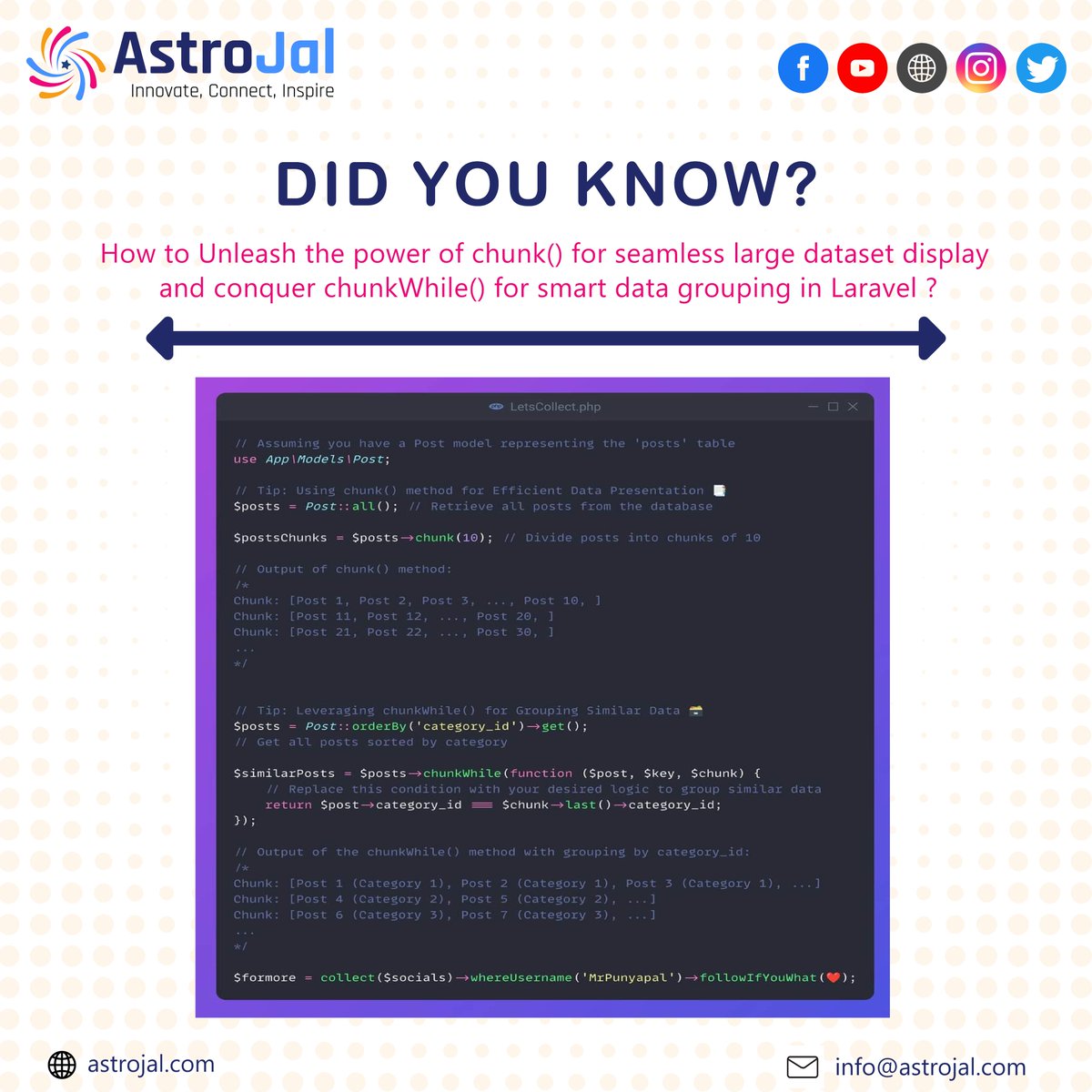 astrojal's tweet image. Did you know in Laravel ?
How to Unleash the power of chunk() for seamless large dataset display and conquer chunkWhile() for smart data grouping?
#laravel #phpframework #laravelroutes #astrojal #astrojaltechnology #laravelrelation #itcompany
