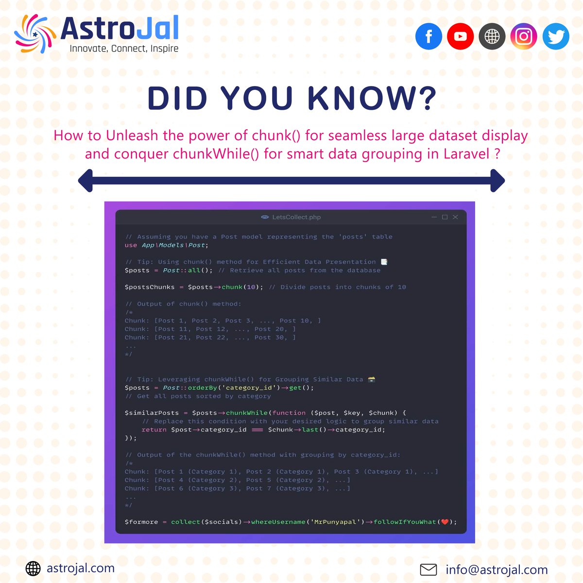 Did you know in Laravel ?
How to Unleash the power of chunk() for seamless large dataset display and conquer chunkWhile() for smart data grouping?

#laravel #phpframework #laravelroutes #astrojal #astrojaltechnology #laravelrelation #itcompany