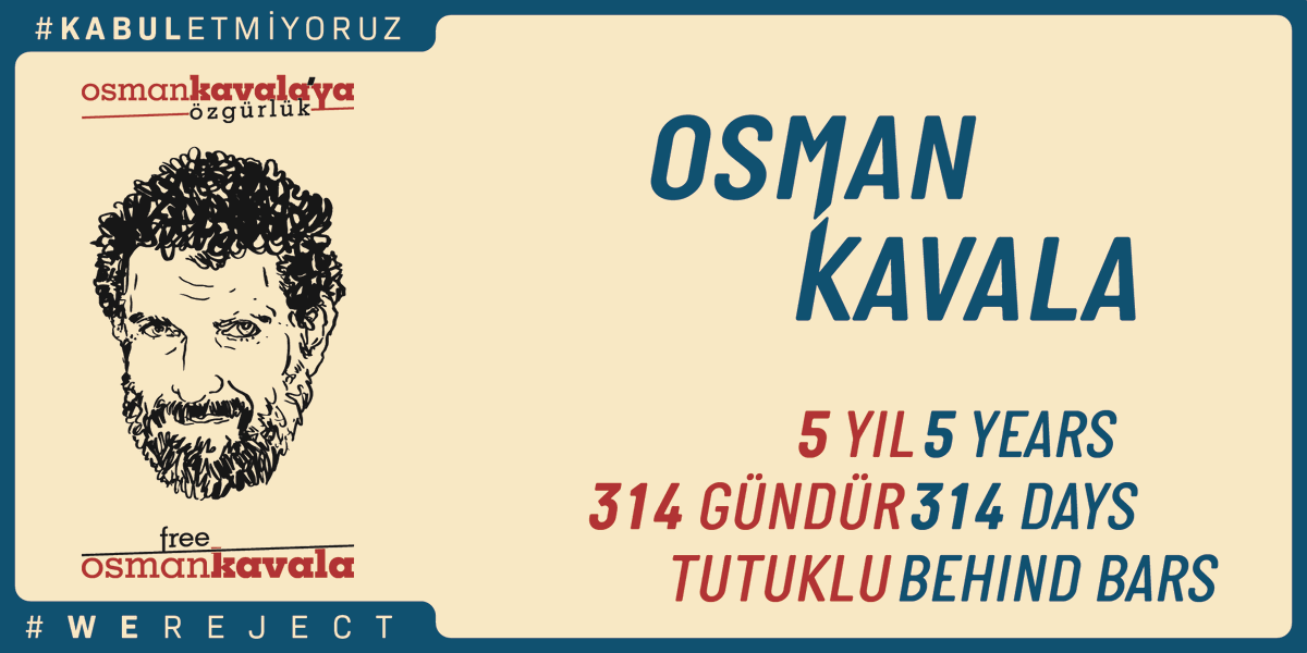 #OsmanKavala 5 YIL 314 GÜNDÜR tutuklu!
#OsmanKavala has been behind bars for 5 YEARS 314 DAYS!

#OsmanKavalayaÖzgürlük
#KabulEtmiyoruz
#FreeOsmanKavala
#WeReject