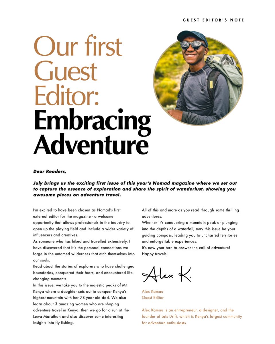lets_drift's tweet photo. From our founder - @iamalexkamau 

“I'm proud to be part of a generation redefining Kenya's travel industry. We designed Lets Drift to bring adventure to everyone. 

5 years later, I'm excited to push limits and inspire travel. I'm grateful to the Nomad team for trusting me to be the editor of one of Africa's top travel publications, solidifying my passion in an industry that I entered as a stranger but has now become synonymous with my persona.”

Grab a copy of Nomad Magazine and be inspired by amazing adventure stories for your next expedition.

Read online 👉 https://t.co/ssNyZ41kvZ