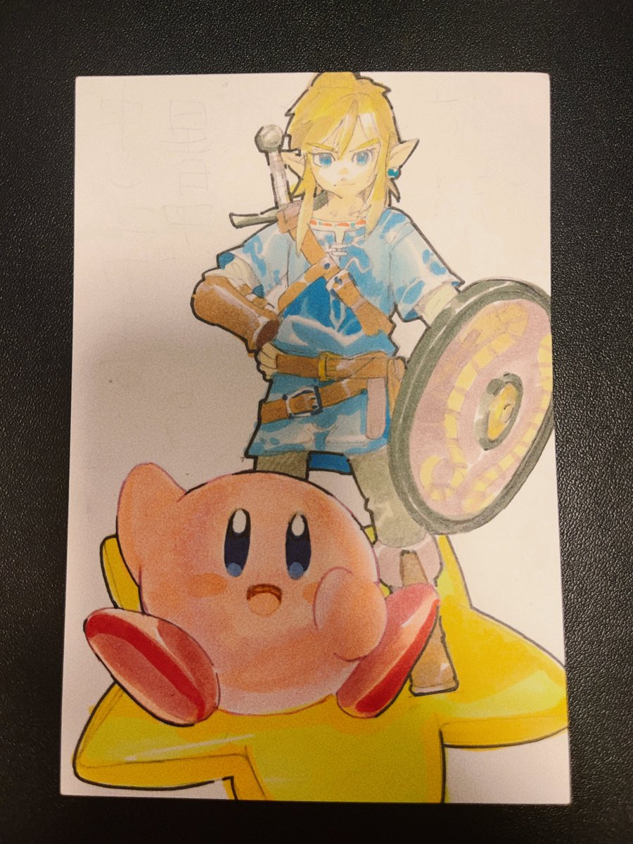 kirby ,link shield blonde hair 1boy blue eyes weapon pointy ears sword  illustration images