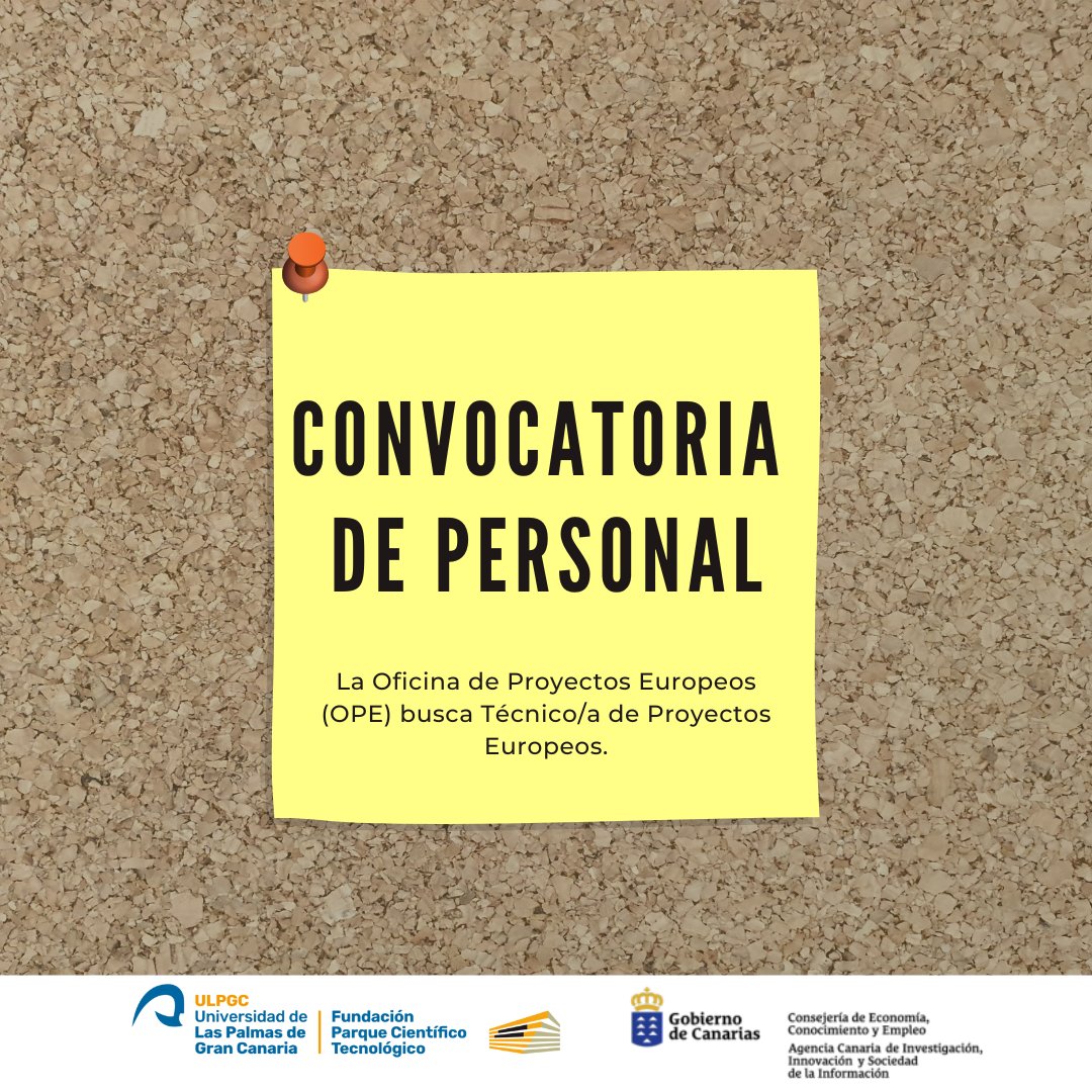 ¡Tenemos una nueva #oferta de #empleo en la FCPCT! 💼
En la Oficina de Proyectos Europeos (OPE) buscamos a un Técnico/a de Proyectos Europeos. Plazo abierto hasta el 06/08/2023.

fpctserver.upe.ulpgc.es/convocatorias/… #ULPGC #ofertalaboral #laspalmas