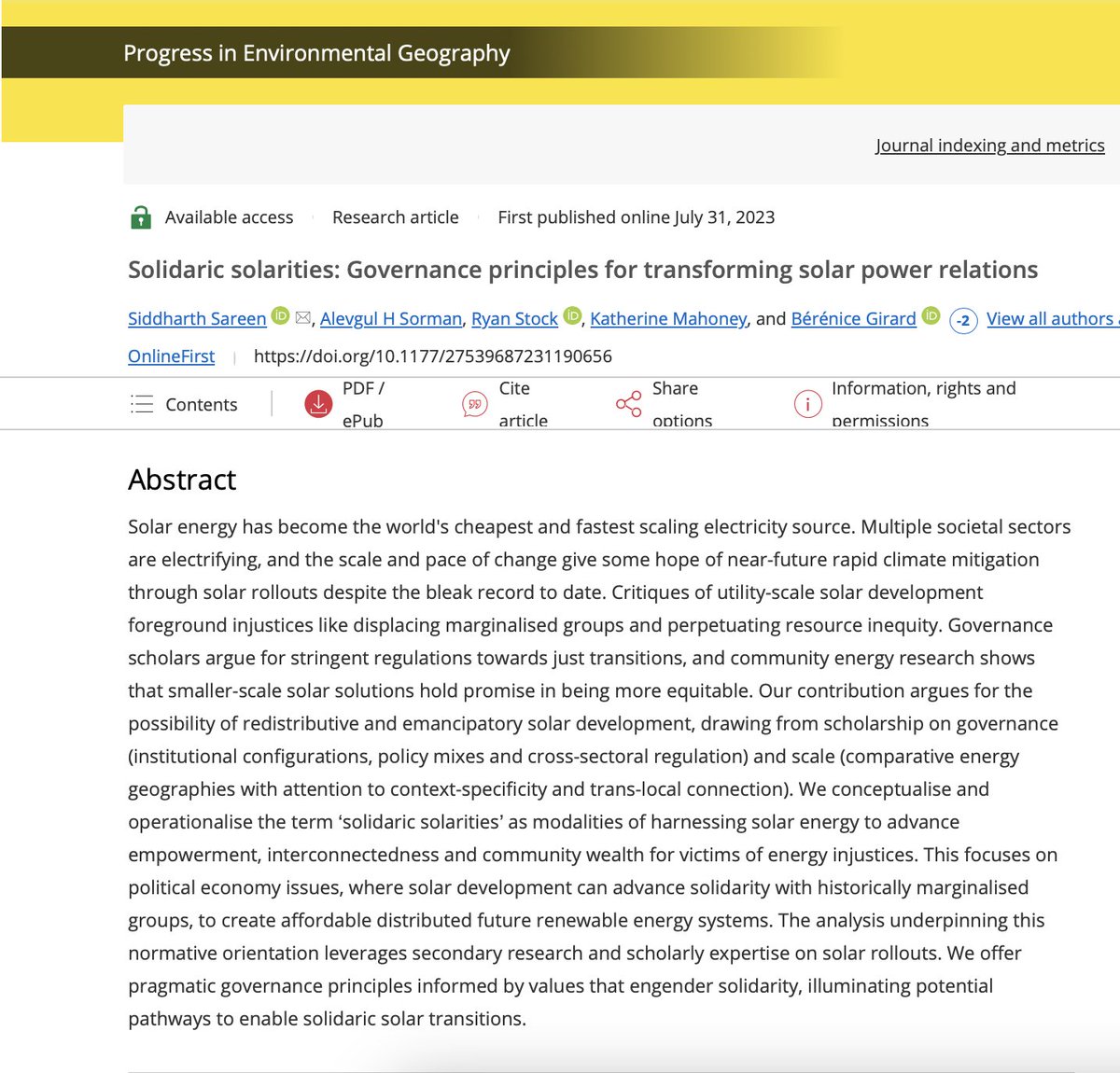 NEW ARTICLE ALERT! 'Solidaric solarities: Governance principles for transforming solar power relations' is now published in @progenvgeog @SAGEPublishers with the fortuitous teaming up of @AlevgulS @ryanjstock @KatMahoney6 @bereapondy: doi.org/10.1177/275396… - a cool summer read!