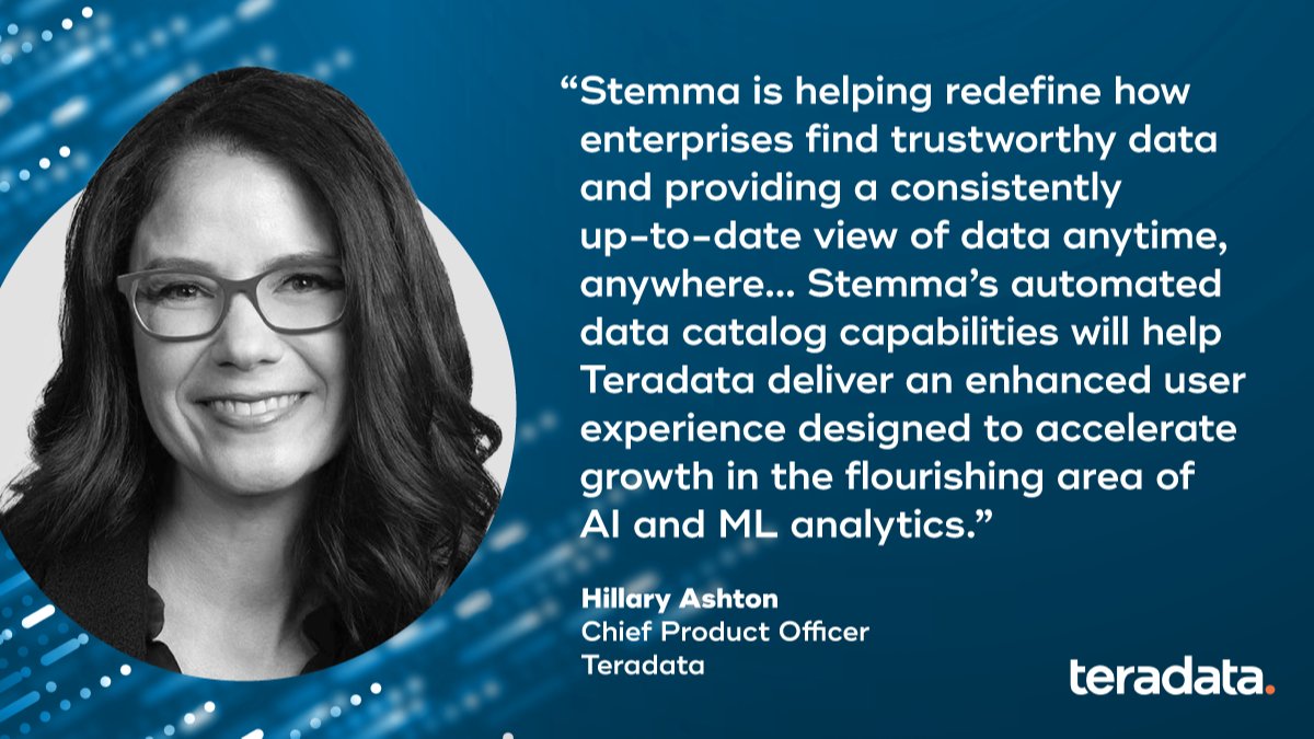 TeradataNL's tweet photo. .@Teradata has acquired Stemma Technologies, a cloud-native, fully managed data catalog solution that leverages AI and machine learning for enhanced data discovery and trust. Read more about how this will  improve value for customers: https://t.co/URD80La5Uy https://t.co/RtVleIBJoI