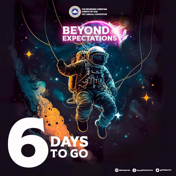 6 Days to go!! We are less than one week away from the Convention of the year!! Have you packed your bags? See you soon!!

Date: 7th-13th August 2023
Venue: Redemption City, Mowe Ogun State.

#BeyondExpectations
#TeamNehemiah