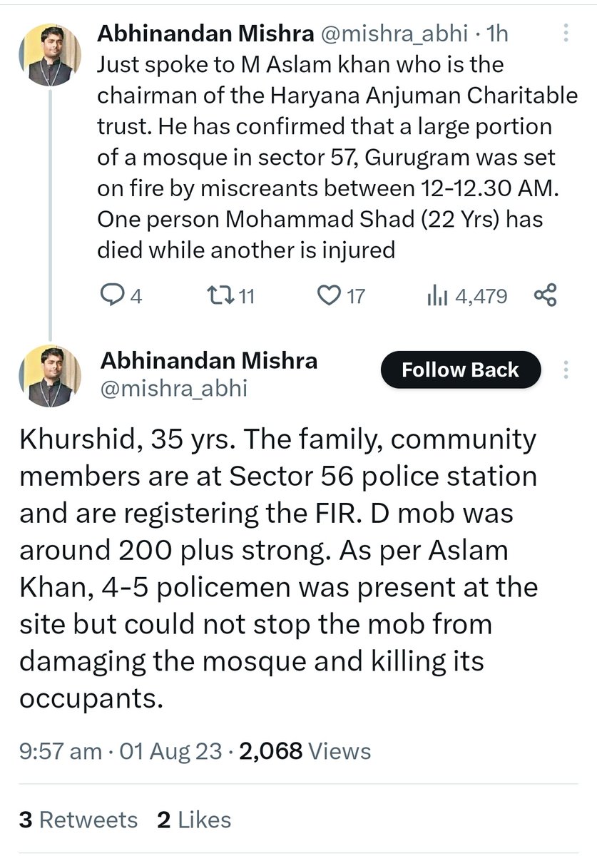 zoo_bear's tweet photo. “The naib Imam (identified as Maulana Saad) and another man were badly injured and taken to the hospital. The imam reportedly had stab injuries and succumbed later in the hospital,” the DCP said.
Anjuman mosque in Gurgaon was set on fire and the Naib imam killed, allegedly by a mob of 70-80 people according to Police.
