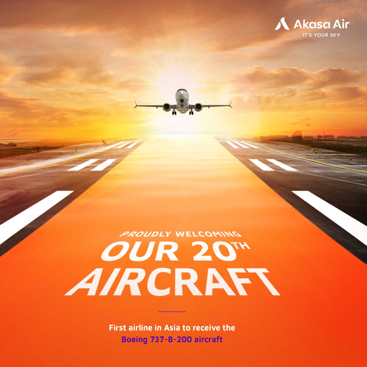 AkasaAir's tweet photo. Thrilled to welcome our 20th aircraft in Bengaluru today! This landmark addition to our fleet also makes us the first airline in Asia to receive the Boeing 737-8-200 aircraft. #20AndCounting #ItsYourSky Read more: https://t.co/PgBNljXj4S https://t.co/W55m1Ad0Bm