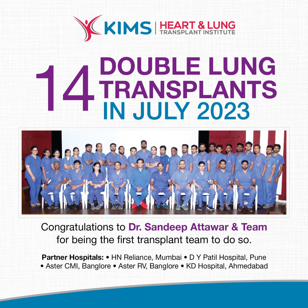 Dr. Sandeep Attawar and his team performed 14 double lung transplants in the month of July 2023, a feat never before accomplished. Thanks to partner hospitals &amp; donor families.
#KIMSHospitals #AngdaanMahotsav #DoubleLungTransplant #OrganDonation #DrSandeepAttawar #SavingLives