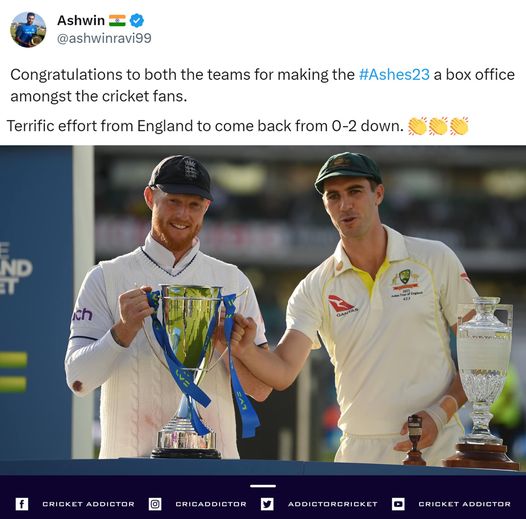 Ravi Ashwin congratulates both England and Australia for a blockbuster Ashes series.

#cricket #testcricket #Ashes23 #icc