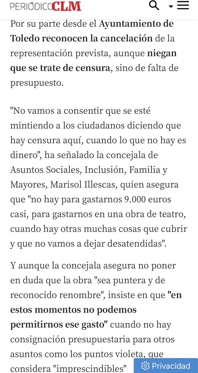 El nuevo equipo de Asuntos Sociales del Ayuntamiento de Toledo ha declarado que la función “La Infamia” programada para el 15 de Diciembre en el Teatro Rojas ha sido cancelada por falta de presupuesto y nosotros decimos que eso es MENTIRA. 🧵👇

@lydiacachosi