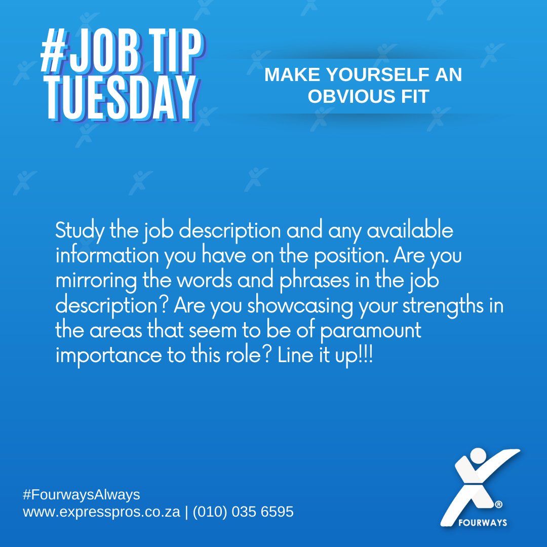 EFourways's tweet image. #JOBTIPTUESDAY

Make Yourself An Obvious Fit

#JobTip #jobseekers #jobsearch #recruitment #jobsearching #jobhunt #employment #jobopportunity #recruitmentagency #staffingagency #ExpressProsFourways #FourwaysAlways
#StaffingExperts #PuttingAMillionPeopleToWork