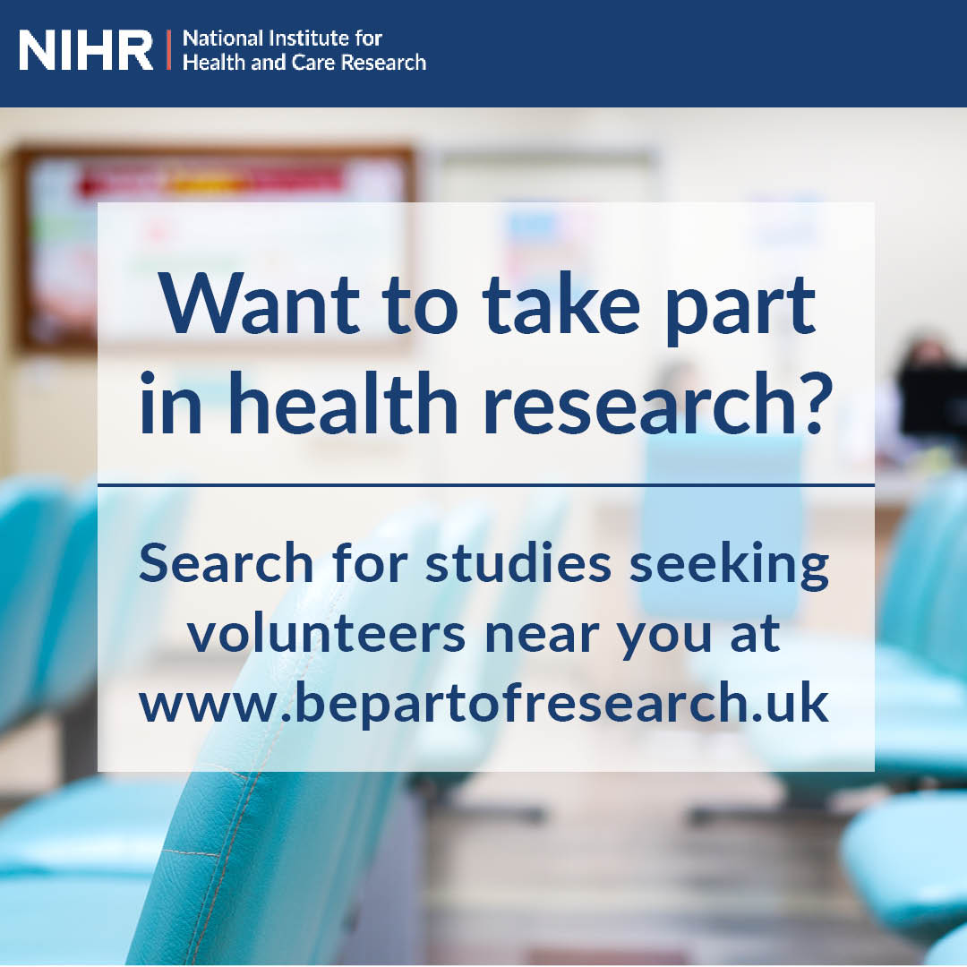 Search 'Be Part of Research' to volunteer for health studies that interest you, even if you're healthy. Research takes place in NHS hospitals, the community and at home and can involve testing a new treatment or completing questionnaires. #BePartofResearch