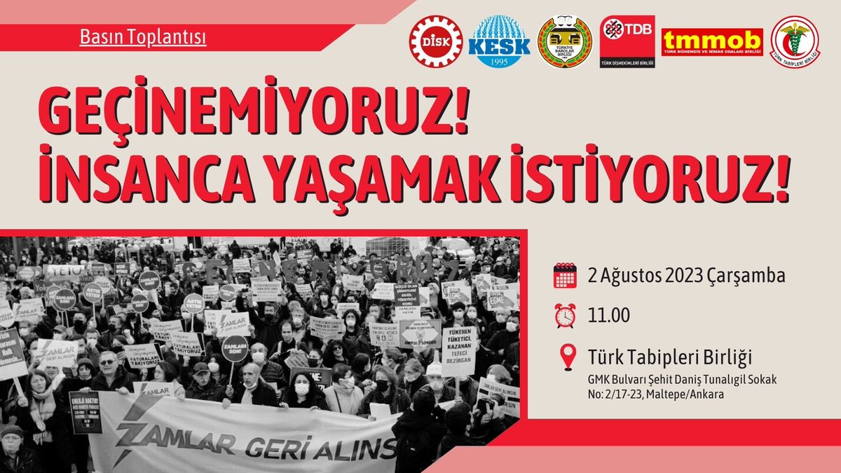 📢 Basın Toplantısı

Geçinemiyoruz!
İnsanca Yaşamak İstiyoruz!

🗓 2 Ağustos 2023 Çarşamba
⏰ 11.00
📍 TTB
📽 TTB Sosyal Medya Hesaplarından Canlı