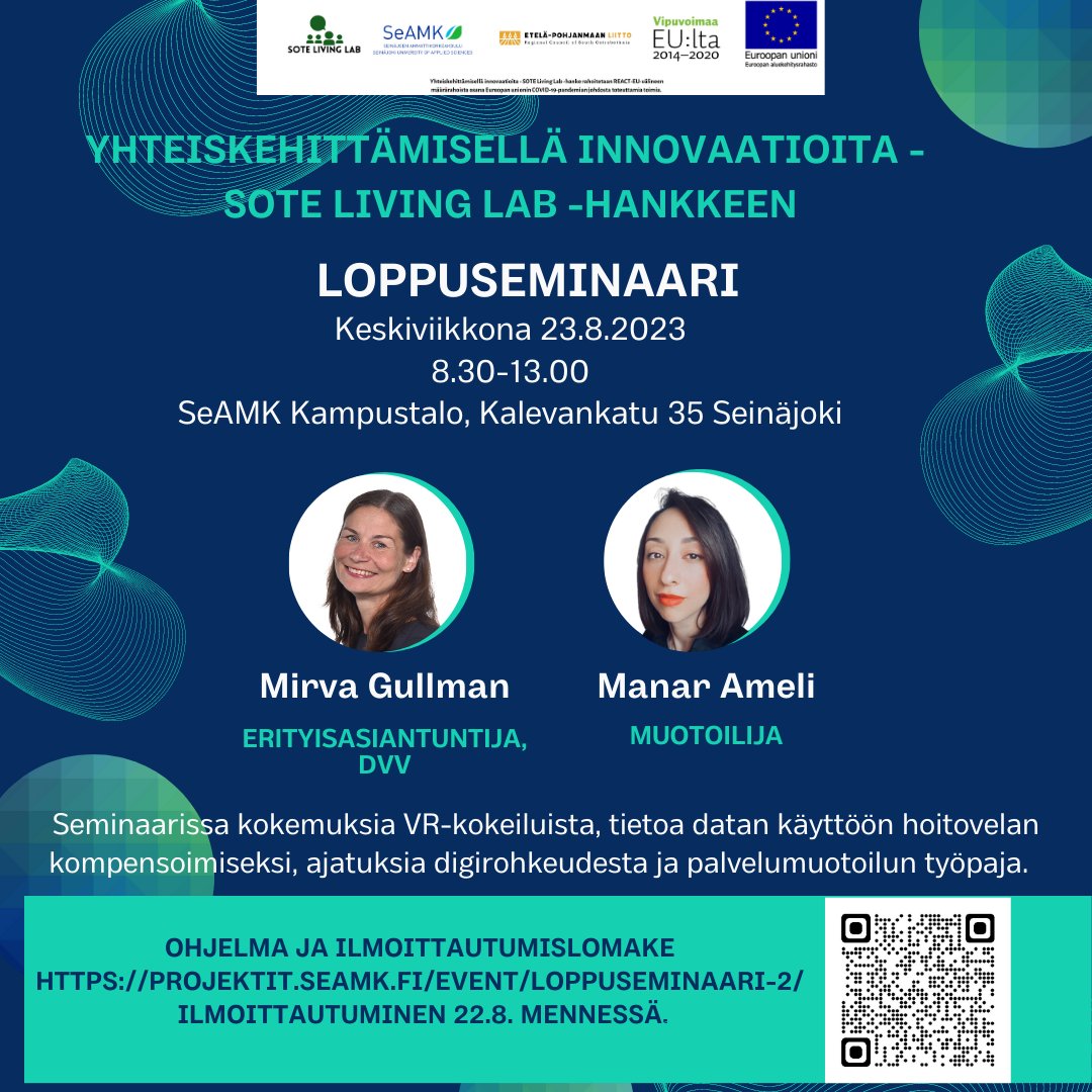 Tervetuloa Yhteiskehittämisellä innovaatioita - SOTE Living Lab -hankkeen Loppuseminaariin 23.8.23 klo 8.30-13 SeAMK Kampustalolle.

Ohjelma ja ilmoittautuminen: projektit.seamk.fi/event/loppusem…

#sotelivinglab #euroopanaluekehitysrahasto #vipuvoimaaeulta #reacteu #seamkwellbeinglabs