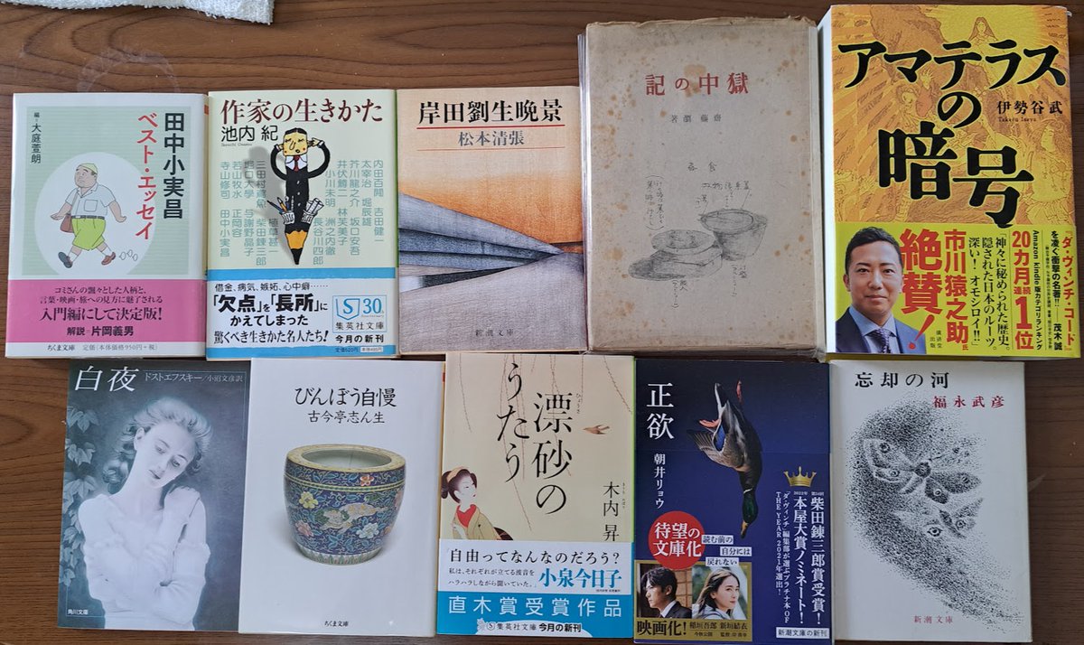 先月は少なめで10冊でよかった。欲しいのと溜めたくないのと相反する気持ちです。『獄中の記』というのは二・二六事件で皇道派の側に立った斎藤 瀏少将の書いたもので、滅多にお目に掛かれないので買ってしまった。『アマテラスの暗号』は、私の苦手な古代史の話だが、果たして理解できるだろうか。