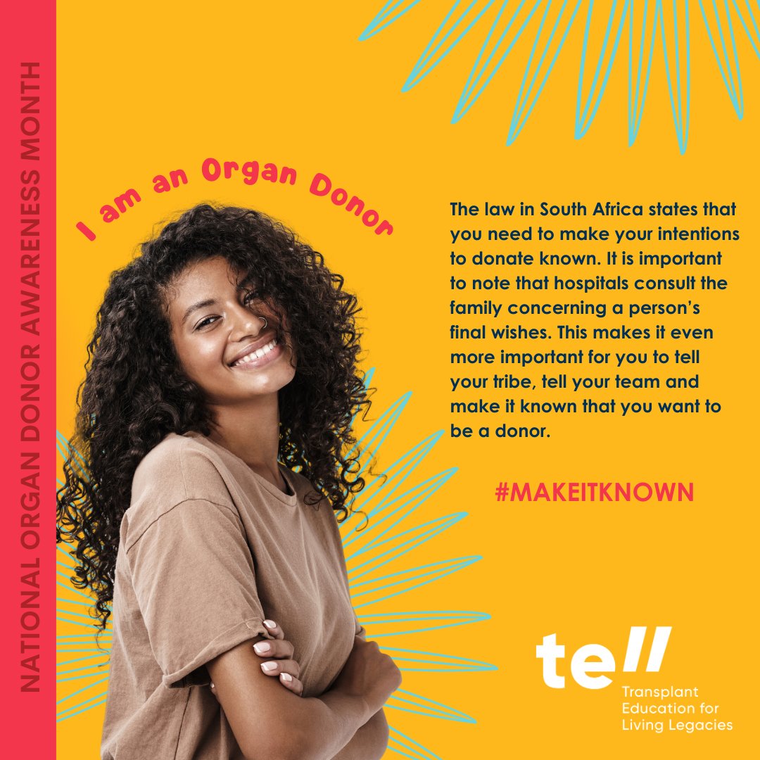 tellorgza's tweet photo. The law in South Africa states that you need to make your intentions to donate known because at the time of your death your family will have the final say whether or not your organs are donated. Make the decision easier for them by having the conversation with them TODAY! https://t.co/PsnXZaYWqB