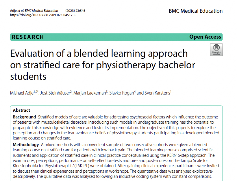 Our new manuscript just published in #BMCmedicaleducation shows that kinesiophobia present in #Physiotherapists can be effectively reduced using a blended learning training approach and re-emphasises the place of technology in #MedicalEducation. 

doi.org/10.1186/s12909…