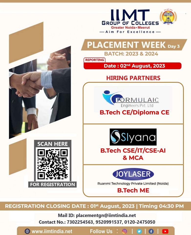 iimtnoida's tweet photo. Placement Week Day-3!
Registration Closing Date 1st August, 2023 at 4:30PM.
https://t.co/UOh7RIaTgN
Call Us: 9520886860
#PlacementWeek #CareerOpportunities #FutureLeadership #JobReady #CampusRecruitment #IIMTIndia #IIMTNoida #BBA #BCA #BTech #BJMC
#EngineeringCollege https://t.co/INpVWK34aB