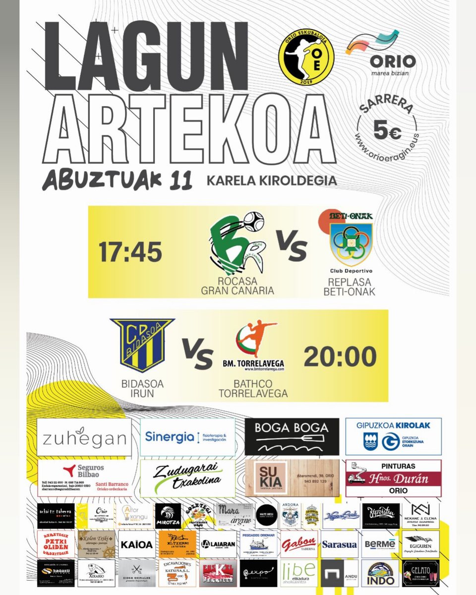 EraginOrio's tweet photo. IV. Eragin Torneoa eta goi mailako lagunartekoak Orion!🔥🔥

- Sarrerak erosteko aukera Vivetix bidez, link-a orioeragin.eus-en!

-Partidu bakoitzeko prezioa 5€koa!

💛🖤 Berezia kluba eta herriarentzat Rocasa Gran Canaria vs Replasa Beti Onak partidua! Aupa Laida eta Maria!💪 https://t.co/JJtaKPIcGA