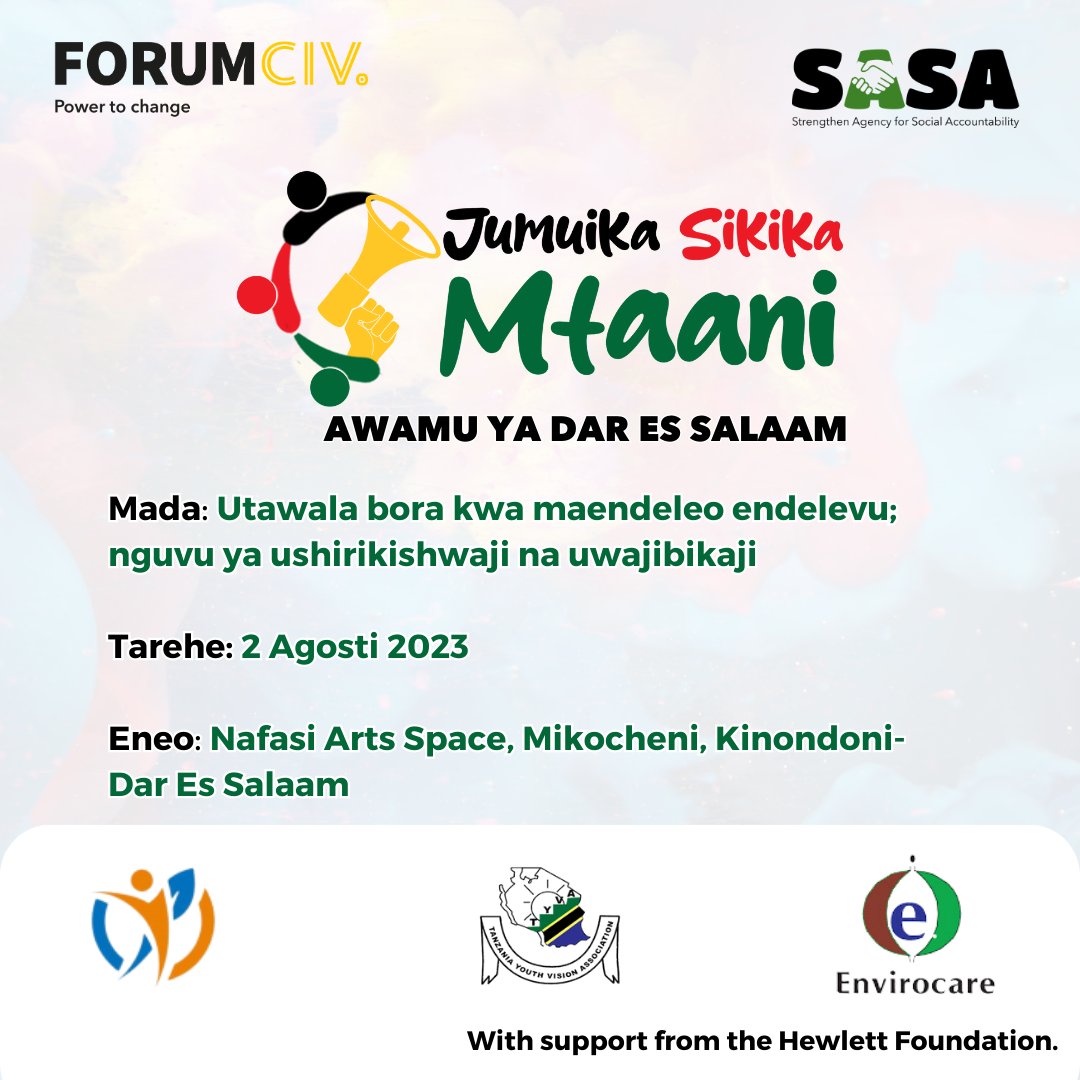 ForumCivESA's tweet photo. We are working with @TYVAvijana, @ADOTTANZANIA, and @envirocareorg, our partners in the #SASA programme, to organize the first Jumuika Sikika Mtaani in Dar es Salaam on Wednesday, August 2, 2023. https://t.co/e7hLEx6q9O