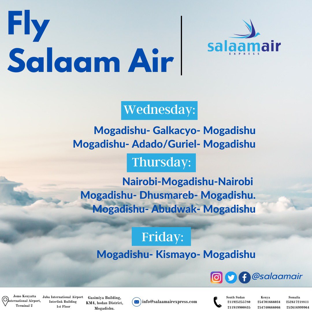 SalaamAir's tweet photo. Ready for takeoff?
From our friendly staff to our comfortable seats, we're committed to providing you with the best flying experience possible.
#SalaamAirExpress #SalaamAir #Somalia #Kenya #Mogadishu #Southsudan #Juba #Nairobi #Kismayo #Galcacyo #Adado #Guriel #Dhusmareb #Abudwak https://t.co/aVILjWXcH2