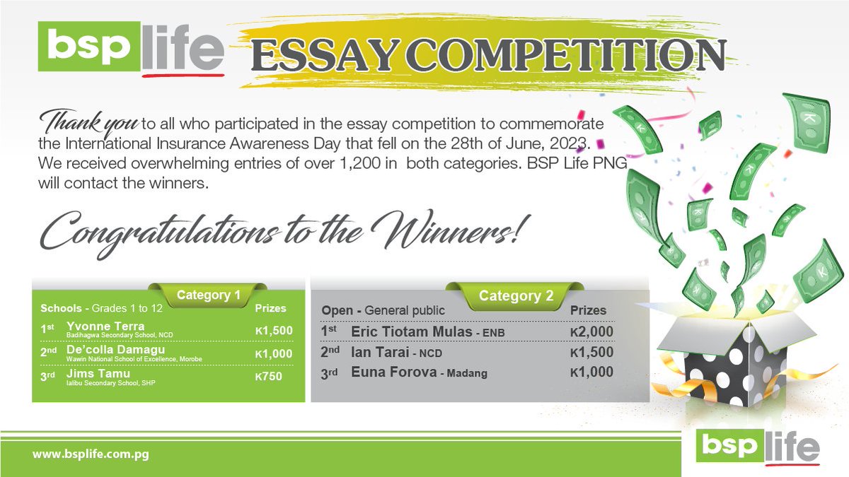 BSPPacific's tweet photo. BSP Life PNG | We would like to express our heartfelt gratitude to each of you who participated in our recent essay competition. The overwhelming response and enthusiastic participation we received exceeded our expectations! Congratulations to our Essay Winners! https://t.co/GGn3gQpPAp
