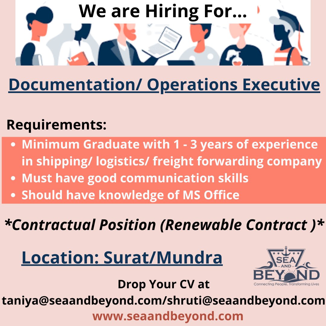 #executive #documentation #operations #suratjobs #shorejobs #mundrajobs #twitterlive #jobs #documentationexecutive #operationsexecutive #wearehiring #shipping #maritime #logistics #shippingindustry #marineindustry #marineknowledge #marinejobs #seaandbeyond