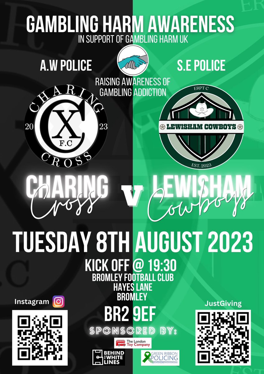 Charing Cross F.C (@charingcrossfc) on Twitter photo No plans on Tuesday 8th August?
WE ARE BACK!
Next Tuesday we take on our Lewisham Police rivals in a mouthwatering all police affairโฆ
Another match, another evening of Gambling Harm Awareness, playing in the name of recovery and affected others.
<a href="/gamblingharmuk/">Gambling Harm UK</a> No plans on Tuesday 8th August?
WE ARE BACK!
Next Tuesday we take on our Lewisham Police rivals in a mouthwatering all police affairโฆ
Another match, another evening of Gambling Harm Awareness, playing in the name of recovery and affected others.
<a href="/gamblingharmuk/">Gambling Harm UK</a>