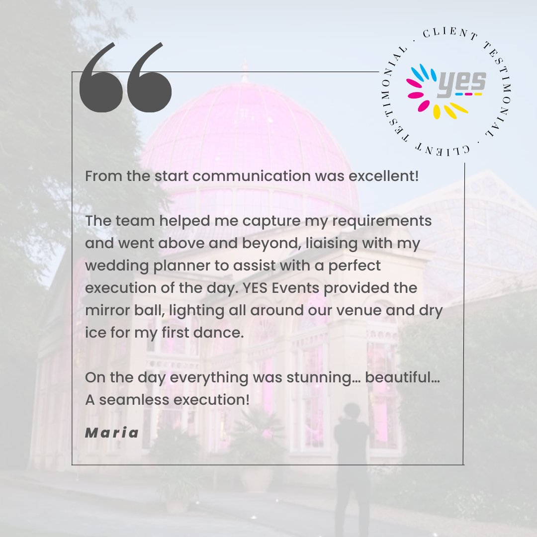 We are thrilled to share a wonderful testimonial from one of our recent wedding clients from Syon Park. We provided a range of our packages for the happy couple and we are overjoyed to hear that they had an amazing and memorable day! #YesEvents #Reviews #Production #Events #Hire