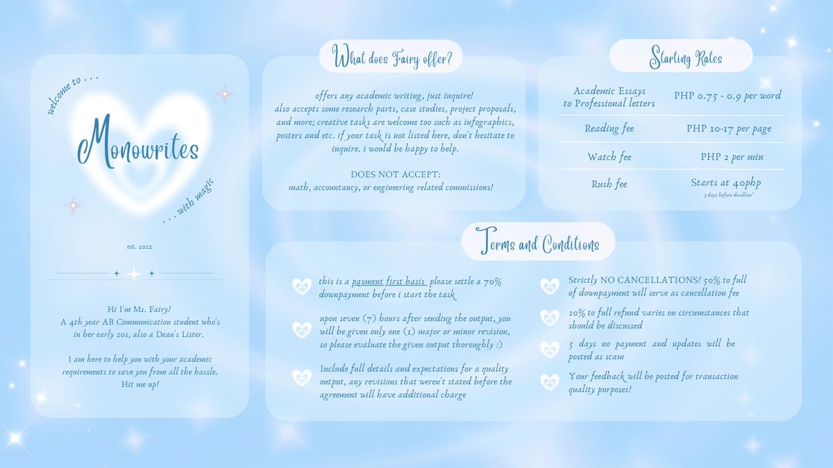 welcome to monowrites  ੈ✩‧₊˚

i'm your fairy !! ~ 🧚‍♀️💙 are you having a hard time with your acads? let me sprinkle some cool fairy dust on your way and *poof* it's all done ❄️

wanna know more about my magic? check out my comms sheet and let a winter fairy handle it ✧.*