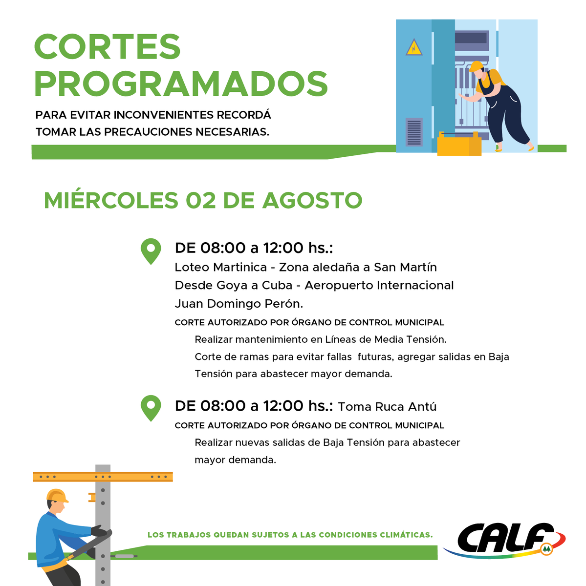 Cooperativa #Calf informa los cortes programados para este martes 2 de agosto.

#neuquén