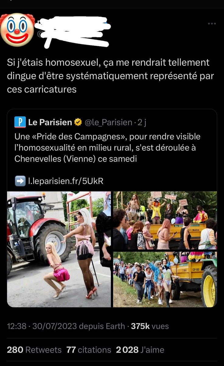 bonne nouvelle tu n’es pas homosexuel et si tu l’étais tu saurais que nous sommes fier•es d’être représentés par ces personnes précisément parce qu’elles-mêmes sont fières de défiler comme elles l’entendent en faisant fi de la haine des gens comme toi !!!!