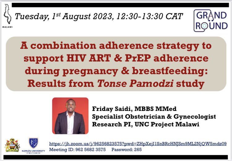 Johns Hopkins Research Project (@jhp_malawi) on Twitter photo 📣 Join us today at 12:30 CAT! 📣
Adherence is the name of the game for most tools we have in our HIV treatment & prevention toolbox. Learn from the experts about innovations in adherence strategies to support Malawi’s mothers 🤰🏽.
<a href="/UNCMalawi/">UNC Project Malawi</a> <a href="/DrFridaySaidi/">Friday Saidi</a> <a href="/KUHeS_mw/">Kamuzu University of Health Sciences</a> <a href="/kuhes_rsc/">Research Support Centre</a> 📣 Join us today at 12:30 CAT! 📣
Adherence is the name of the game for most tools we have in our HIV treatment & prevention toolbox. Learn from the experts about innovations in adherence strategies to support Malawi’s mothers 🤰🏽.
<a href="/UNCMalawi/">UNC Project Malawi</a> <a href="/DrFridaySaidi/">Friday Saidi</a> <a href="/KUHeS_mw/">Kamuzu University of Health Sciences</a> <a href="/kuhes_rsc/">Research Support Centre</a>