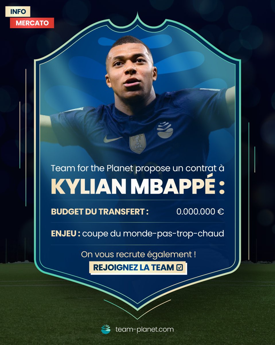 On recrute @KMbappe ! Imaginez que le sportif français le plus connu au monde rejoigne une grande aventure collective pour le climat ? 🔥 On n’a pas de budget des saoudiens, mais nous sommes la plus grande équipe de France pour le climat 💪 Go Kylian 💚