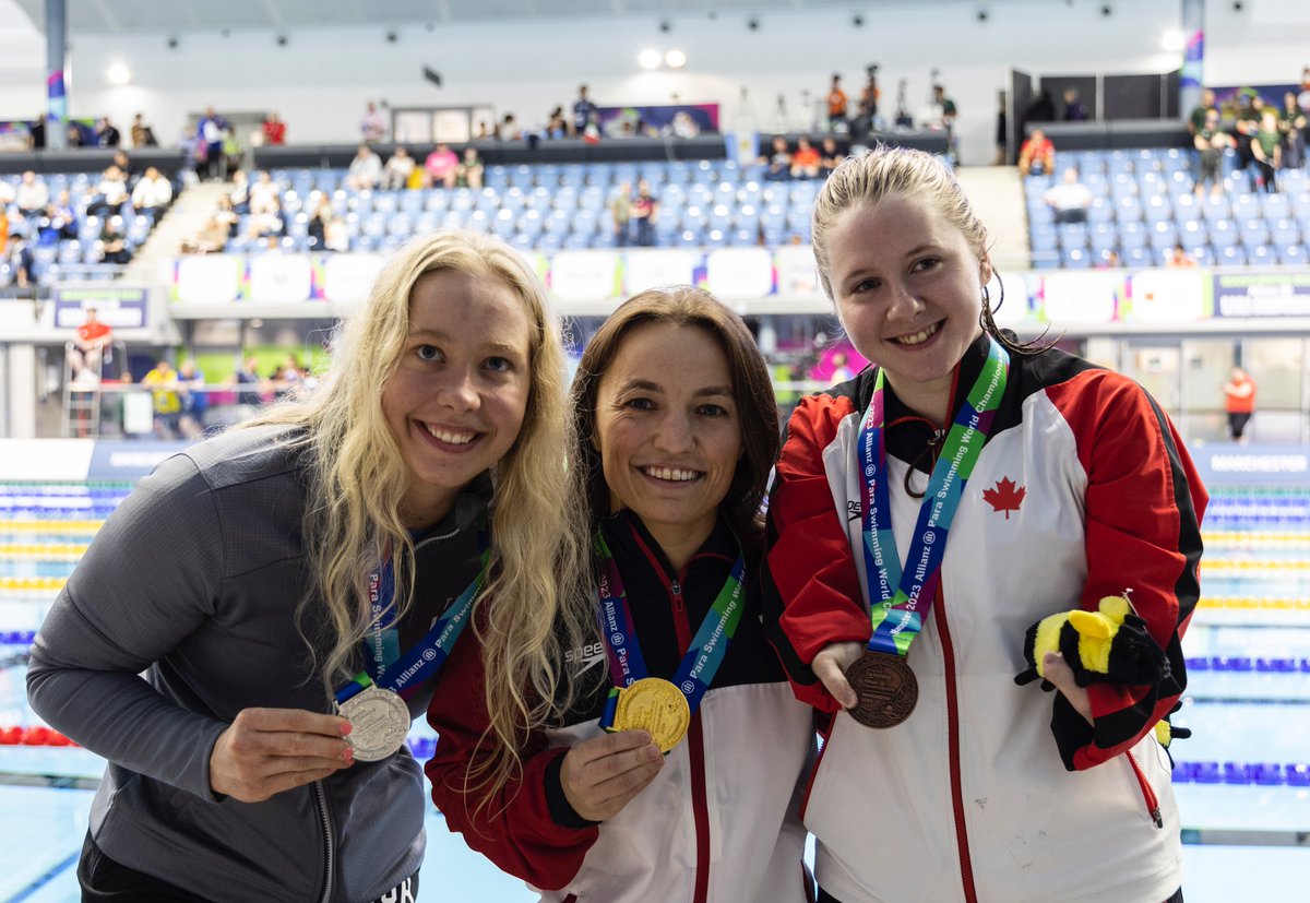 CDNParalympique's tweet photo. Le Canada a connu un départ sensationnel, lundi, aux Championnats du monde de paranatation — Manchester 2023 avec une récolte de quatre médailles d’or et une de bronze. 🥇🥇🥇🥇🥉 https://t.co/exePQ50nEe @SwimmingCanada https://t.co/Hbc9R0dHRf