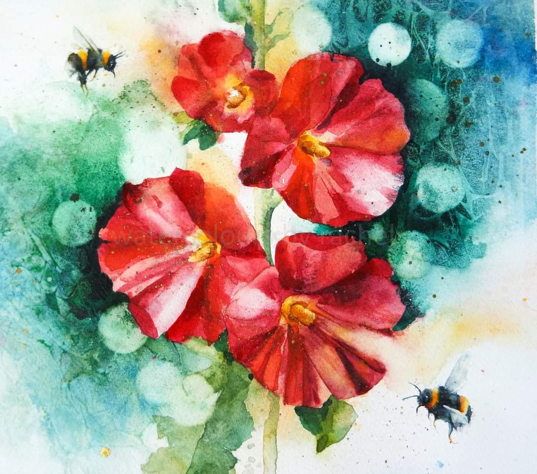 Hollyhocks and bumblebees 

Happy Tuesday x

#watercolour #watercolourpainting #flowers #hollyhocks #bumblebees #savethebees #gardenflowers #GardenersWorld #pollinators #inspiration #bees #background #texture #movement #wildlife #wildlifeartist #Devon #painting #artist #paint