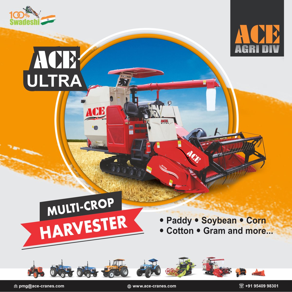 ACETractorIndia's tweet photo. ACE Ultra - Multi Crop Harvester. Ideal for harvesting of paddy, soybean, corn, cotton, gram and many more grains.

Click here more details: https://t.co/Uo2j7JJsMa

#ACE #ACETractorsIndia #ACEUltra #MultiCropHarvester #Harvester #Combine #ACEHarvester #AgriEquipment #Farming https://t.co/LjNQ06A5T4