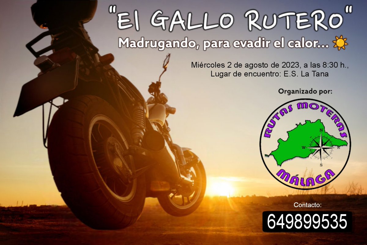 RutasMoterasMLG's tweet photo. ¿Te haces un "GALLO RUTERO" (☀️por aquello del madrugón🐓) con nosotros? 

📄 RUTA: Venta Cotrina (desayuno) Casabermeja, Arroyo Coche, Vva. de la Concepción, El Torcal de Antequera, El Chorro, Restaurante El Kiosko (tentempié), El Burgo, Yunquera y MA.

ℹ️ +INFO: DM ó 649899535 https://t.co/J3l39lckdG