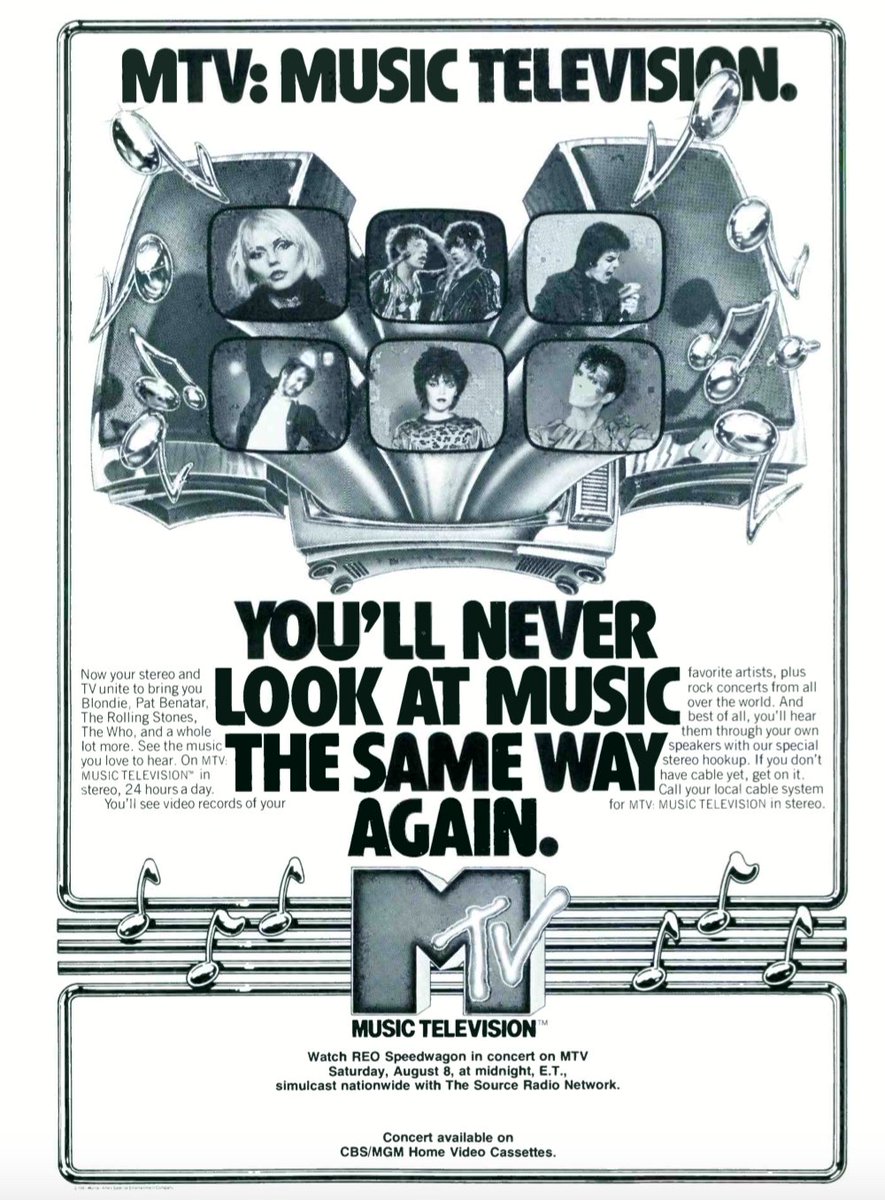 dvesean's tweet photo. August 1 1981

If you're my age (OLD),

You remember watching this brand new TV channel featuring music videos! 

It launched today:

MTV!

August 1981:

No Internet yet,
CDs hadn't been invented yet,
No one had ever heard of Bruce Willis yet &amp;
Taylor Swift hadn't been born yet. https://t.co/lVUlcjhGEd