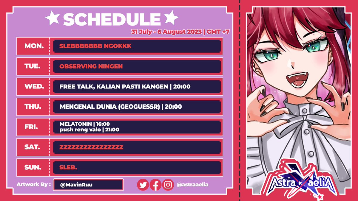 AstraAelia's tweet photo. 【WEEKLY SCHEDULE】

📅 31 July - 6 August 2023📅

HASHTAG
🔭General • #AstraAelia
🔭Live • #AeliaLive 
🔭Clips • #AeClips 
🔭Fanart • #Astrasketch
🔭Memes • #Aelaheuheu
🔭Fanname • #Aelien https://t.co/TagNlEv5kK